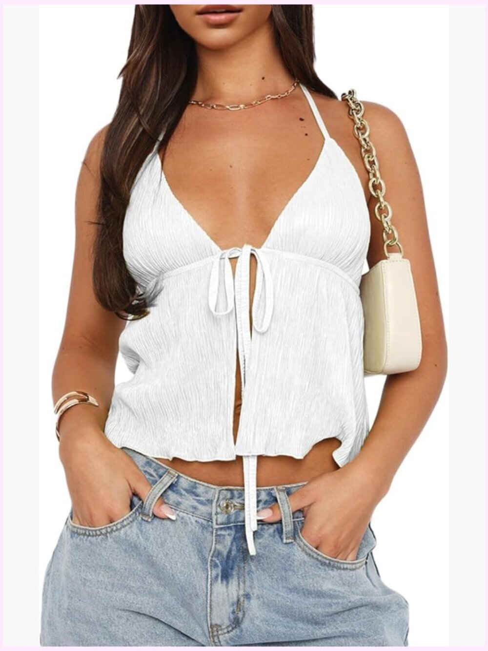 Y2K Halter Neck Crop Top Sleeveless Front Tie Flowy Plisse Summer Going Out Cami